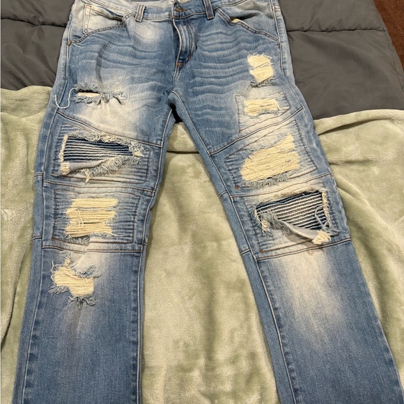 Men's Slim Fit Distressed Jeans - Blue - Picture 1 of 4